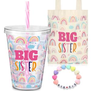 3 Pcs Big Sister Gift for Girls 12 oz Pink Big Sister Cup Insulated Acrylic Tumbler with Leakproof Lid and Straw Canvas Tote Bag Bracelet for Little Girls Age 2-8