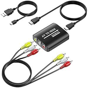RCA to HDMI Converter, GINGIN 1080p/ 720p AV to HDMI Converter for TV/ PC/ N64/ Wii/ PS1/ PS2/ PS3/ STB/ Xbox/ VHS/ VCR/ Blue-Ray DVD Players, with RCA and HDMI Cables