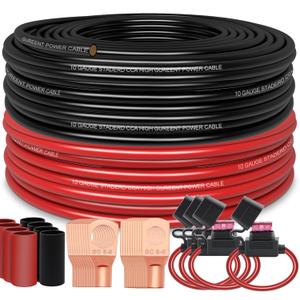 100FT 10 Gauge Wire (50ft Each- Black/Red) 4 40A Fuse Holder/20 Lugs/ 3:1 Heat Shrink Tube-Copper Clad Aluminum CAA-Primary Automotive Wire,Car Amplifier Power & Ground Cable