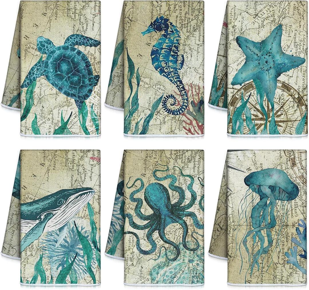 Mixweer 6 Pcs Beach Kitchen Towels Nautical Coastal Hand Towel Fishing Ocean Animal Dish Cloths 16 x 24 Inch Sea Turtle Absorbent Tea Dishcloth Gift for Home Bathroom Kitchen Decor(Blue,Ocean)