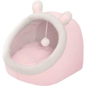 Andiker Cat Beds for Indoor Cats, Semi-Enclosed Cat Cave Bed with a Plush Ball Large Space for Cats to Sleep Soft and Comfortable Covered Cat Bed with a Washable and Detachable Mat (L, Pink)