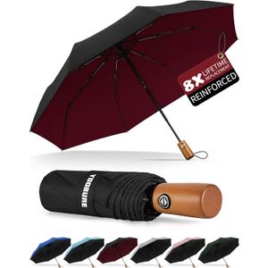 Yoobure Windproof Travel Umbrella with Wood Handle, Automatic Umbrellas for Rain & UV Sun Protection, Compact 46" Large Canopy, Lightweight Backpack Portable for Walking & Outdoor (Burgundy Red)