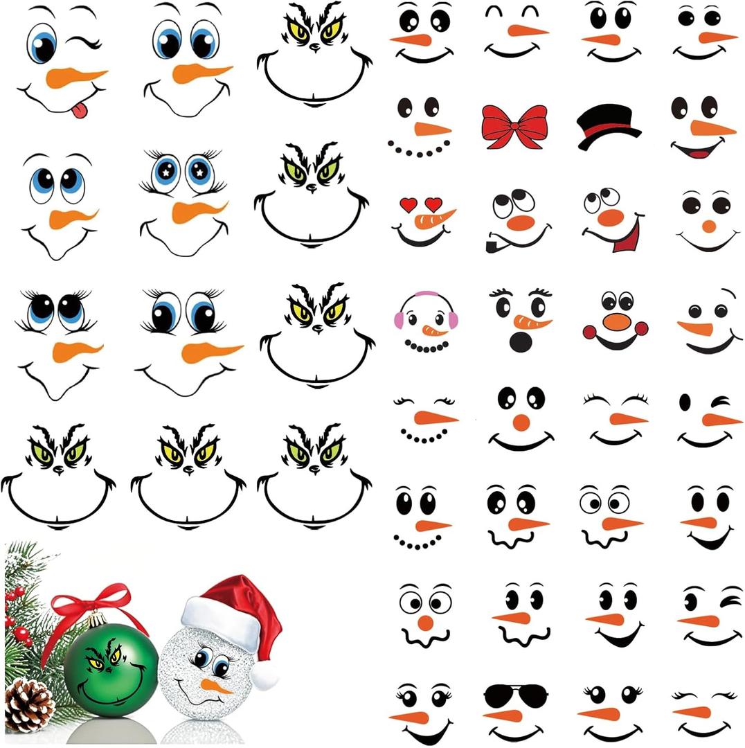 10Pack 66 Pcs Christmas Face Eyes Stickers for Crafts Small Vinyl Snowman Faces Pitcher Rub on Transfers Decals for Ornaments Glass Drinking Cups Wood Decorations Balls Party Supplies (face66)