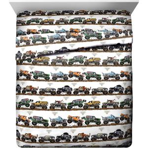 Jay Franco Kids Sheet Set with Fitted, Flat Sheets & Pillow Cover - Ultra-Soft Bedding with Pillowcase for Room Decor, Multi - Monster Jam, 4 Piece Queen