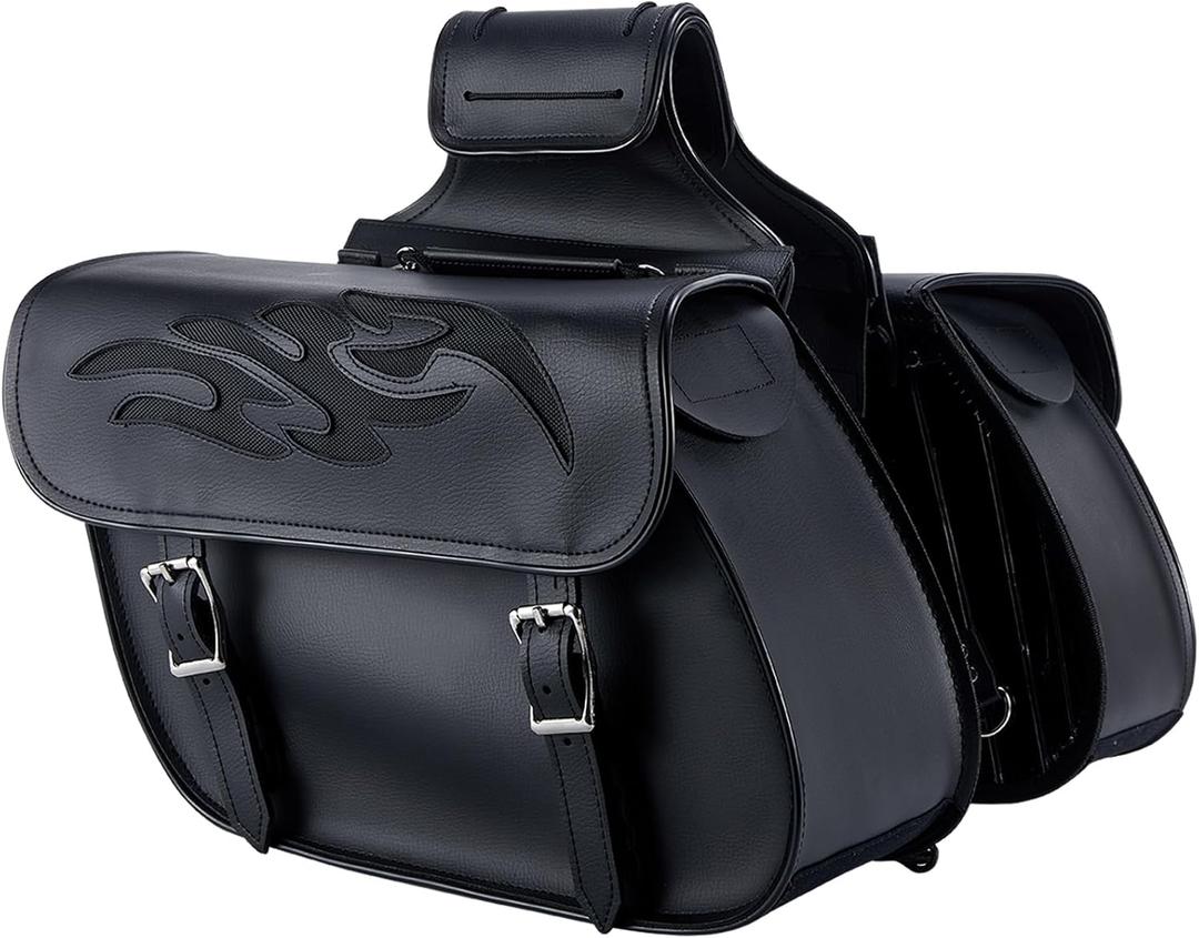 Dream Apparel Faux Leather Motorcycle Saddle Bags Throw Over Saddlebags, PVC Motorcycle Side Bags for Honda Shadow Sportster Softail Dyna V-star (Black) (Black 26L & Flame Pattern)