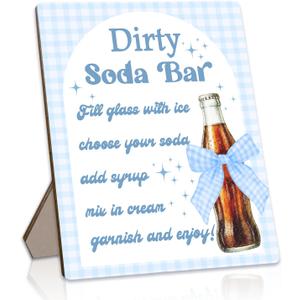 She's Ready to Pop Dirty Soda Bar Sign with Instructions, Blue Bow Wooden Tabletop Sign for Gender Reveal Party, Cola Theme Baby Shower Party Decor, 8x10 Inch