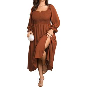 SCOMCHIC Womens Plus Size Maxi Dress Long Sleeve Square Neck Smocked Dress | Wedding Guest Cocktail Flowy Split Casual Fall Dress Empire Waist A Line Long Dresses with Pockets (XXXL)