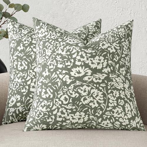 MIULEE Floral Pillow Covers 20x20 Set of 2, Neutral Linen Decorative Throw Pillow Covers for Sofa Couch Outdoor Summer Living Room, Farmhouse Cushion Covers, Sage Green