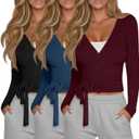 Oakgarden 3 Pack Women's Tie Wrap Tops, Long Sleeve Workout Ballet Yoga Pilates Shirts Deep V Neck Tie Front Y2k Blouses (Black, Navy Blue, Wine Red, Small)