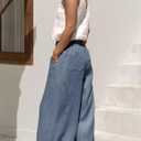 Xiaoxuemeng Womens Wide Leg Pants Cotton Linen Barrel Pants Elastic Waisted Lounge Trousers with Pockets (Blue, XS)