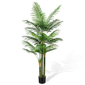 CyanGrove 5ft Tall Golden Cane Artificial Tree Palm Outdoor, Large Artificial Plants Outdoor Faux Palm Tree with 3 Textured Trunks, Fake Tree for Indoor Outdoor Office Living Room Outside Patio