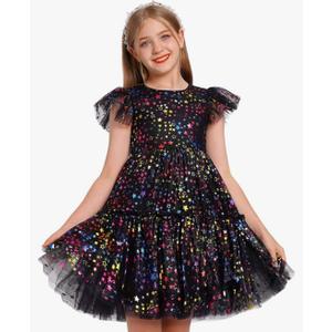 Girls Sequin Dress Toddler Shiny Rainbow Stars Tulle Dresses Ruffle Sleeve Birthday Party Photo Shoot Sparkly Dresses 110