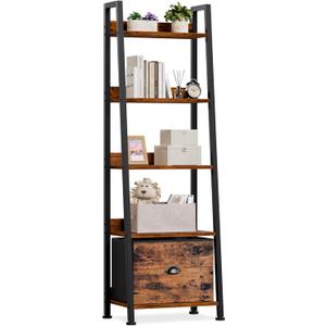 Furologee 5-Tier Ladder Shelf, Ladder Bookshelf with Removable Drawer, Rustic Bookcase Storage Rack Organizer, Wood Metal Freestanding Storage Shelf for Living Room, Home Office, Bedroom, Balcony (5-Tier, Rustic Brown)
