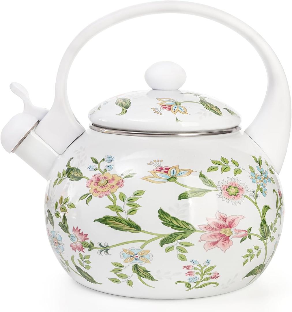 Jucoan 2.3 Quart Vintage Enamel Tea Kettle, Whistling Tea Kettle for Stove Top, Floral Enamel on Steel Teakettle Teapot for Home Kitchen Camping, Gift for Wedding Housewarming Thanksgiving Christmas (White)