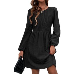 Women Casual Dresses Long Sleeve Ribbed Knit Comfortable Everyday Wear Fall Winter (Large, Black)