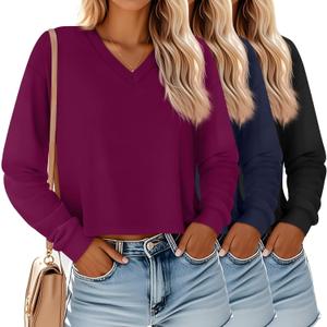Ficerd 3 Pack Women's Crop Long Sleeve Tops V Neck Loose Cropped T Shirts Drop Shoulder Casual Basic Fall Winter Boxy Tees(Black, Navy Blue, Fuchsia, Small)