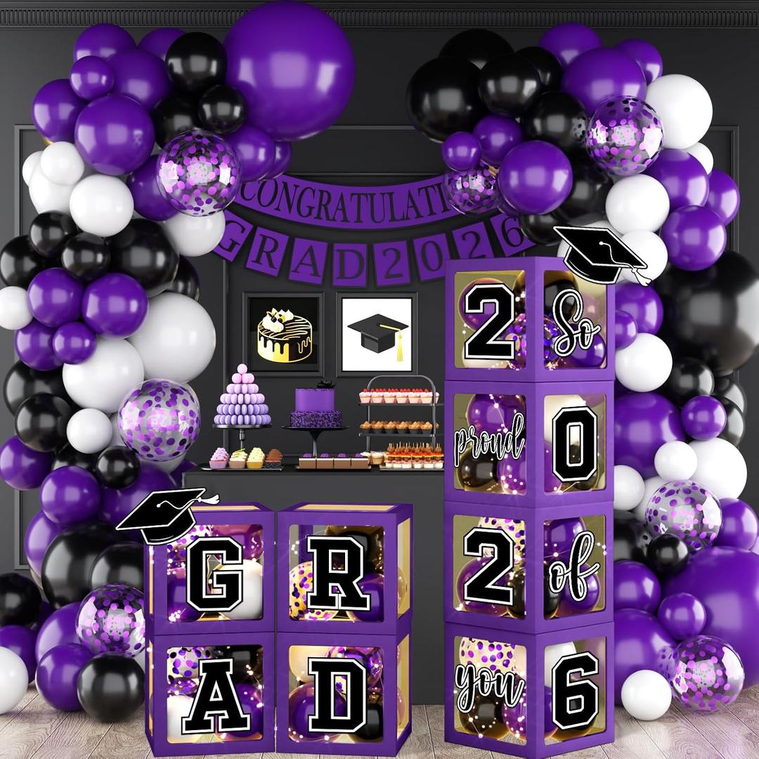 Graduation Decorations Class of 2026,Purple and Black Graduation Decorations Set of 4 Balloons Boxes with Balloon Arch Kit,2026 GRAD So Proud of You Theme for Congrats Grad Party Supplies