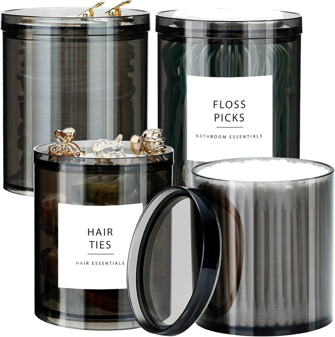 SheeChung 4-Pack Black Stackable Apothecary Jars - (10oz & 12oz) Mixed Sizes Qtip Holder - Modern Industrial Bathroom Accessories Decor with Storage Lids - Translucent Black