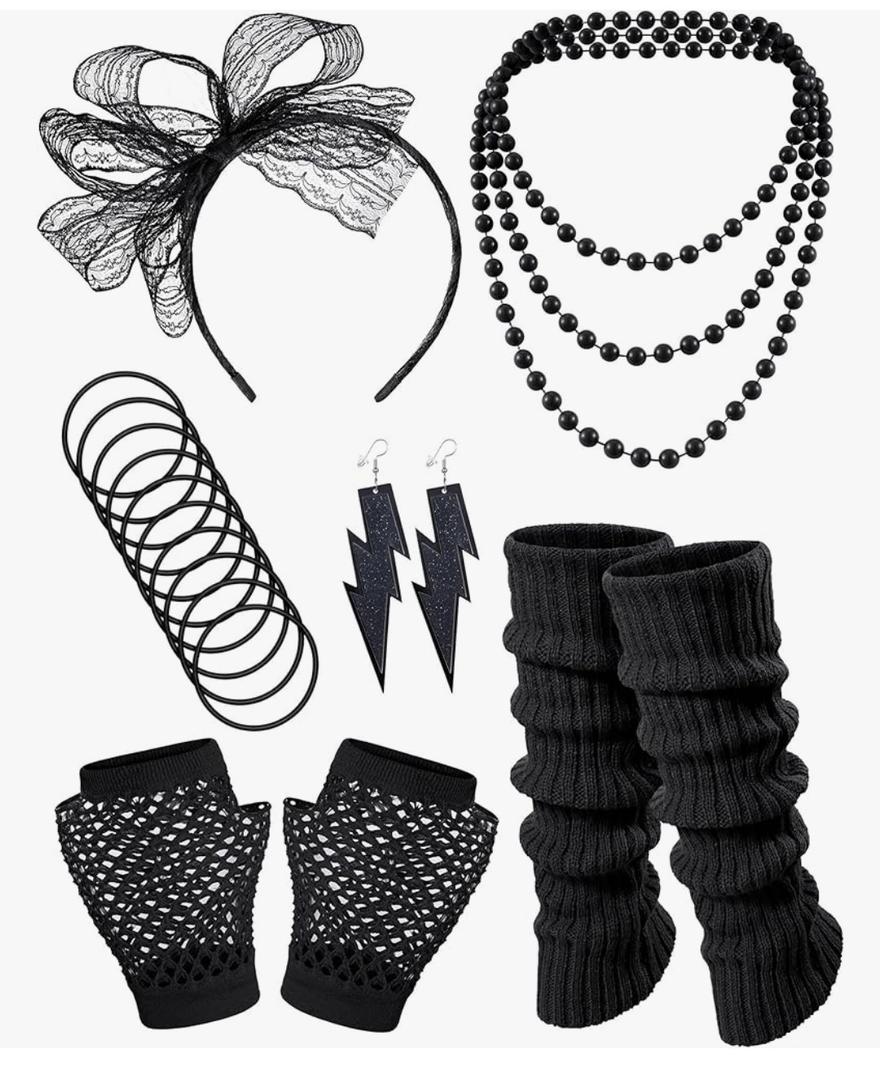 80S Fancy Dress Costume Accessories Headband Errings Fishnet Gloves Necklace Bracelt Leg Warmers Party Outfit Set