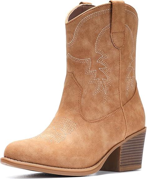 IXU Cowboy Boots for Women Ankle Cowgirl Booties Wide Mid Calf Pointed Toe Western Boots Short Chunky Classic Booties, Size: 10
