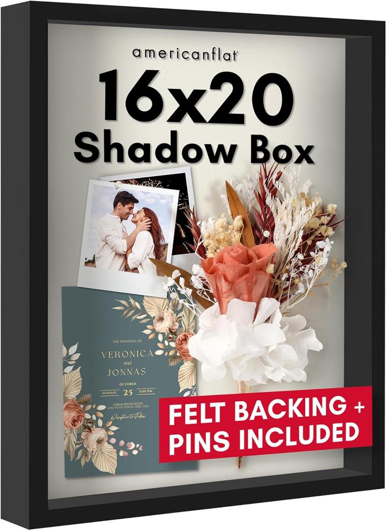 Americanflat 16x20 Shadow Box Frame with Polished Plexiglass - Silhouette Collection - Large Shadow Box Display Case for Tabletop and Wall Display - Black with Soft Felt Back