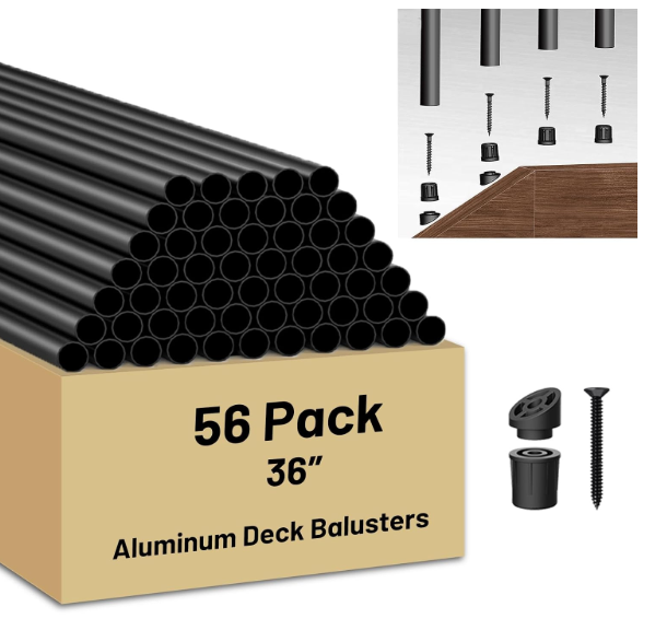 56 Pack 36 inch Aluminum Balusters for Deck Railing,Black Round Metal Spindles for Staircase,3/4" Diameter Hollow Deck Ballasters with Screws and Connectors for Railing Fencing Porch Stair Spindles
