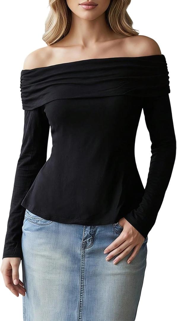 Women's Off The Shoulder Tops Fall Fold Over Long Sleeve Fitted T Shirts Going Out Outfits (Black, S)