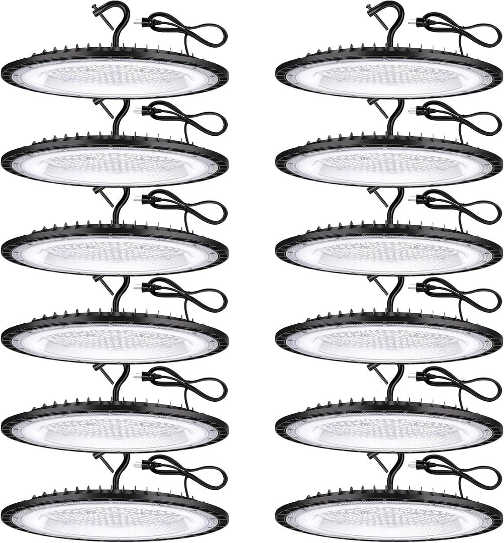 YANYCN 12 Pack 200W UFO LED High Bay Lights,120VAC IP66 Waterproof,850W MH/HPS 30800LM 5000K Daylight with Plug Commercial Bay Lighting for Barn,Gym,Factory,Warehouse,Shop,Workshop,Gym