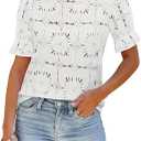 Women's Eyelet Tops Puff Short Sleeve Blouses Dressy Casual Cute Hollow Out Crochet Lace Embroidered Summer Shirts Size L