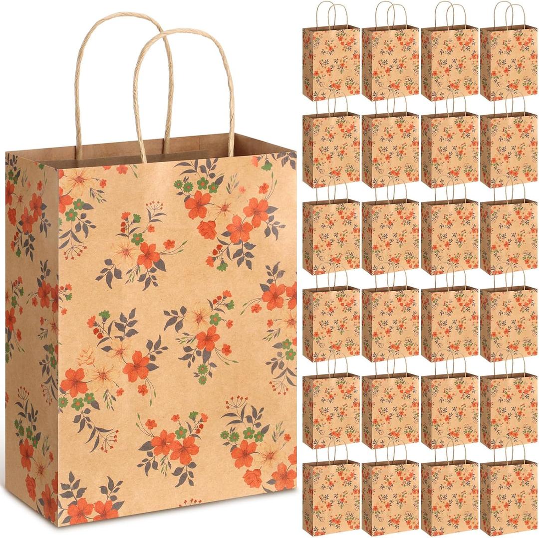 TaoBary 24 Pieces Floral Gift Bags with Handle Kraft Flower Treat Goodie Bags for Summer Spring Party Favor Supplies Decoration