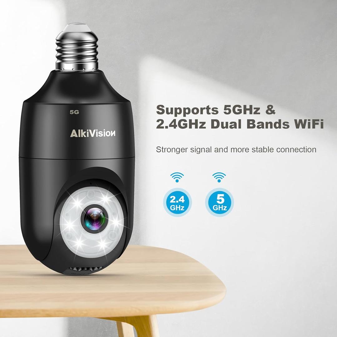 2K Light Bulb Security Camera - 5G&2.4GHz Dual Bands 360 Motion Detection Cameras for Home Security, Full-Color Night Vision, Auto Tracking, Siren Alarm, 24/7 Recording
