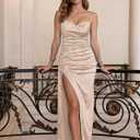 Womens Elegant Ruched Maxi Dress Spaghetti Strap Bodycon Party Dress with Slit & Open Back, XS