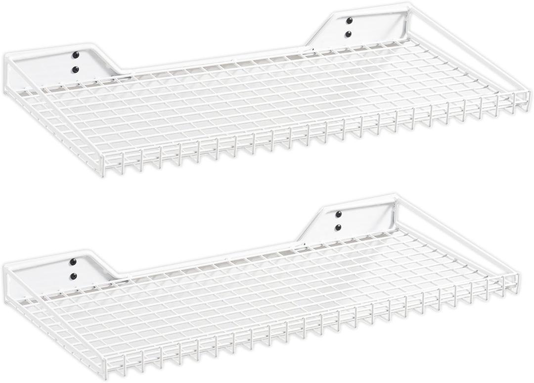 Wallmaster Heavy Duty Garage Wall Shelving 2 Pack 23.6"x11.8" Metal Wire Shelves Wall Mount Mesh Storage Rack for Garage, Office, Basement and Kitchen, Max Load 65 lbs (White)