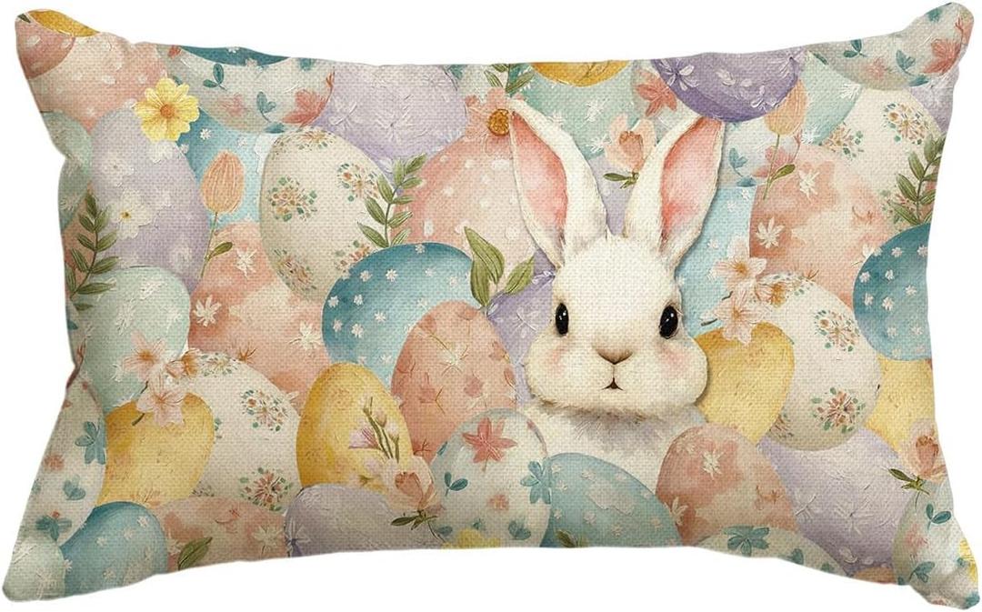 AVOIN colorlife Easter Eggs Bunny Flowers Throw Pillow Cover, 12 x 20 Inch Eucalyptus Leaves Cushion Case Decoration for Sofa Couch