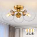 3-Light Modern Gold Semi Flush Mount Ceiling Lights Clear Glass Globe Ceiling Lights Mid Century Brass Chandelier Modern Sputnik Ceilings Light Fixture for Bedroom Hallway Entryway Living Room