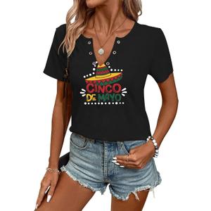 Women's Cinco De Mayo Shirt Mexican Fiesta Graphic Notched Neck Short Sleeve Tops, XL
