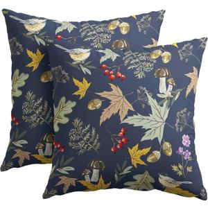 Bird Fall Pillow Covers 18x18 Set of 2 Navy Autumn Leaf Animal Print Pillow Cases Mushroom Acorns Pattern Outdoor Decorative Holiday Cushion Cover Rustic Decoration Farmhouse Home Sofa Couch Bed Decor