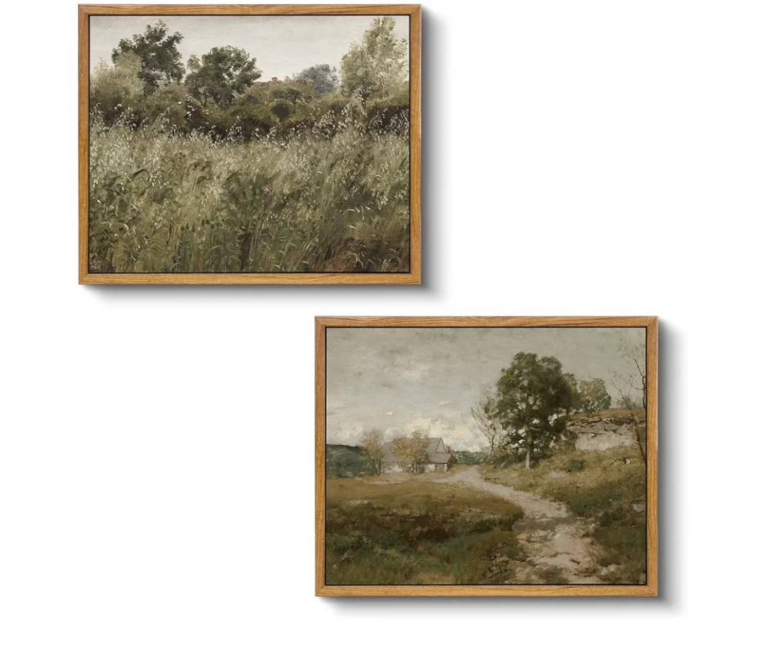 VIYYIEA 2 Pcs Vintage Framed Wall Art, Country Road and Grassland Painting Decor Aesthetic, Small Canvas Print Artwork, Farmhouse Landscape Wall Pictures for Bedroom Bathroom, 9x11 Inch, Set of 2