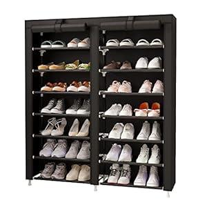 MOYIPIN Shoe Rack Storage Organizer, Double Row Portable Nonwoven Fabric Cover Shoe Rack Holds up to 28 Pairs 36.2 x 11.2 x49.2 Inches Black