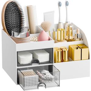 Makeup Organizer with 2 Drawers, Makeup Organizers Countertop for Vanity and Bathroom, Makeup Organization and Skincare Storage with Brush Holder, for Dresser, Desktop, Cosmetic Display Case (White)