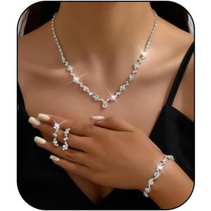 Prom Earrings Necklace Bracelet Set Elegant Crystal Necklace Earrings Bracelet Bridal Wedding Prom Costume Jewelry Sets for Women (Silver)