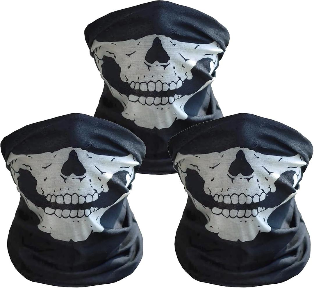 Skull Motorcycle Face Mask, 3 Pieces Balaclava Mask Skeleton Mask Skeleton Half Mask for Ski Riding (Black)