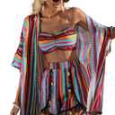 Verdusa Women's 3 Piece Outfits Short Sleeve Open Front Kimono and Boho Cami Top and Tassel Trim Tropical Shorts Set (Blue, Size XS)