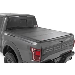 Rough Country Hard Tri-Fold Truck Bed Tonneau Cover for Ford F-150 (2021-25), Lightning (2022-24) - Aluminum Flip-Up Folding Bed Cover, Fits 5'7" (66.7") Bed