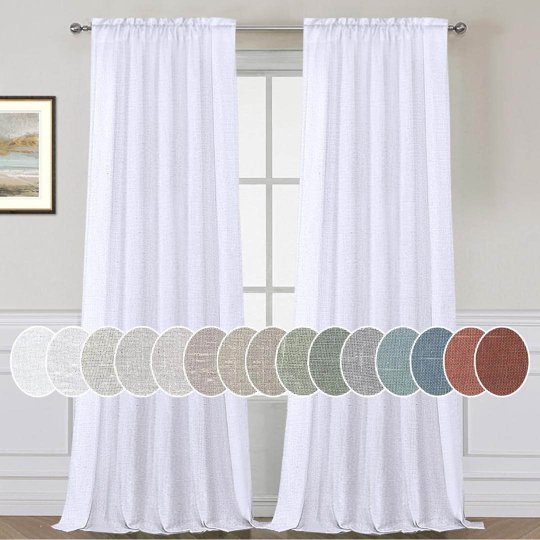 H.VERSAILTEX Linen Curtains Elegant Natural Linen Blended Curtains Energy Efficient Light Filtering/Rod Pocket Window Treatments Panels/Drapes for Livingroom (Set of 2, White, 52 inch W X 84 inch L)