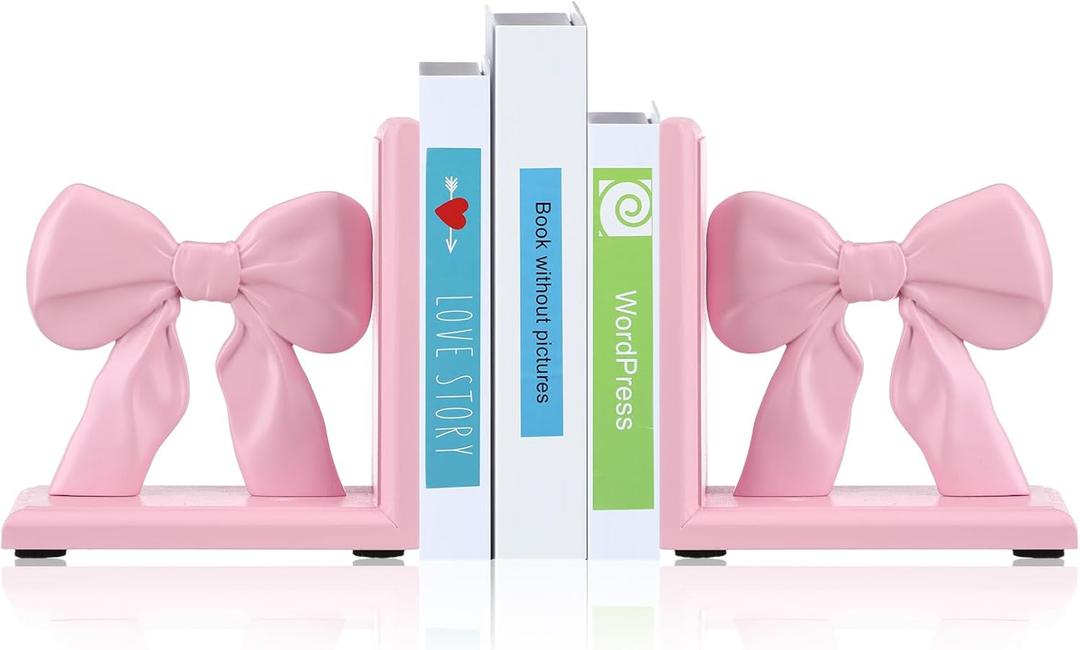 Threehoney 2 Pieces Pink Bow Bookends Cute Book Ends for Shelves Decorative Book Stand Bow Sculpture Statues Tabletop Shelf Ornament Room Decor for Home Office School Dorm Girl Desk