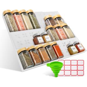 Adjustable 3-Tier Drawer Spice Organizer Thick Plastic, Non-Slip, Fits 11"-22" Kitchen Drawers, Includes Labels & Funnel (No Jars)
