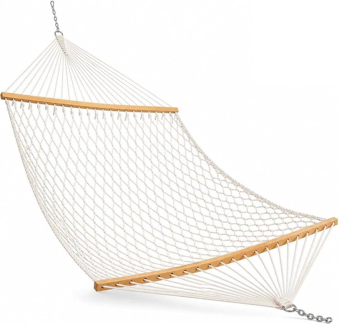 Double Rope Hammock with Hardwood Spreader Bars – Cotton Rope Outdoor Hammock for Patio Backyard Camping Trees – 2 Person Heavy Duty 400 lb Capacity with Carry Bag