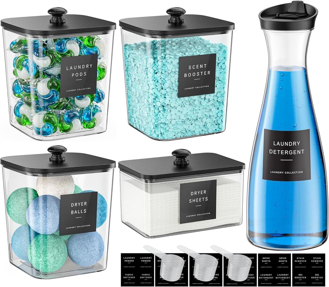 3+1+1 Pack Laundry Pods Container & Dryer Sheet Holder with Lid, 54OZ Liquid Soap Detergent Dispenser for Powder, Beads and Fabric Softener, Black Laundry Room Organization and Storage, 10 Labels