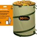 Fiskars Kangaroo Collapsible Spring Up Garden Bag for Yard Waste, Grass, Branches & Weeds, Tear & Mildew Resistant Vinyl-Coated Polyester, Folds Flat to 3 Inches for Space-Saving Storage, 30 Gallon
